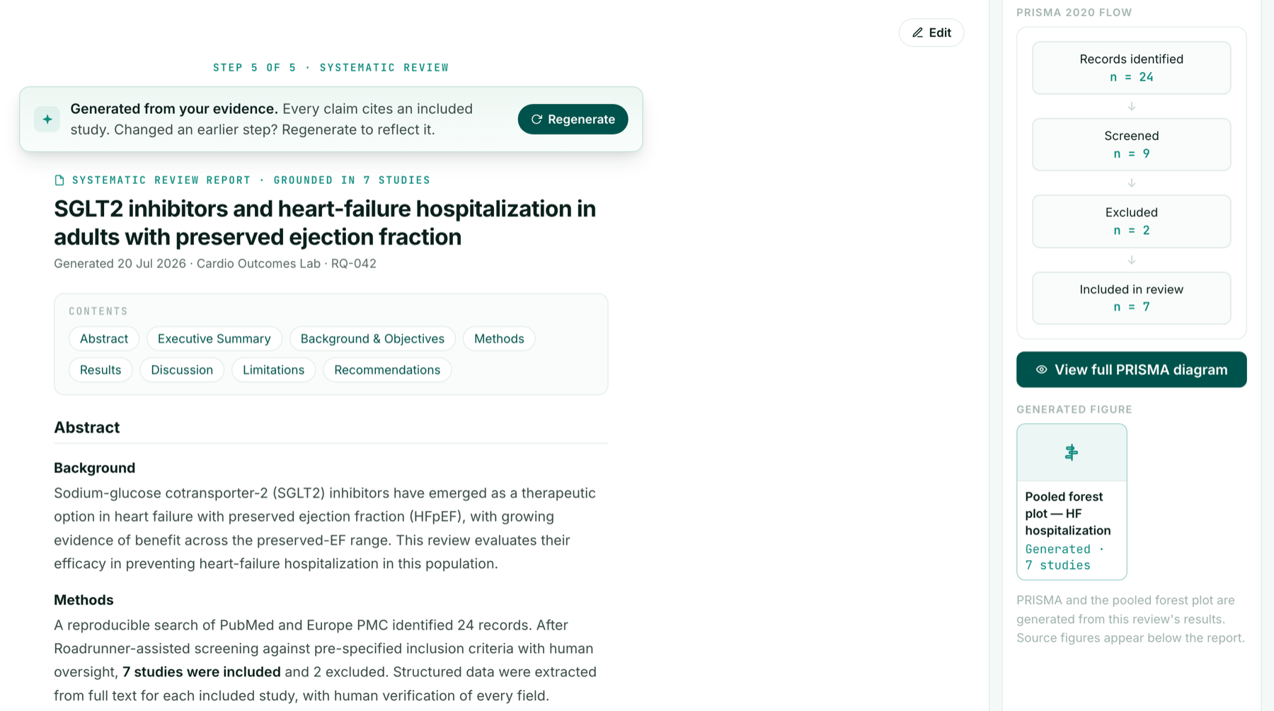 Roadrunner AI — Synthesize step: a cited systematic-review report generated from the included evidence.