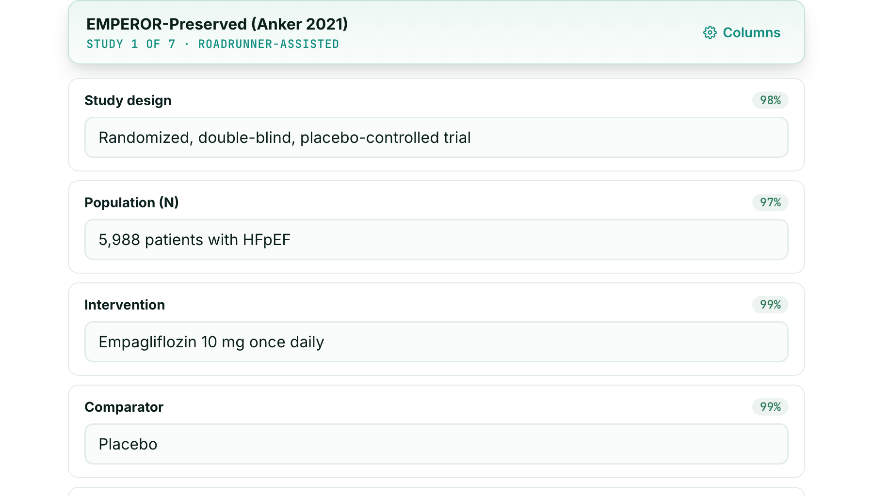 Roadrunner AI — Extract step: structured outcome data pulled from each study with cell-level provenance.