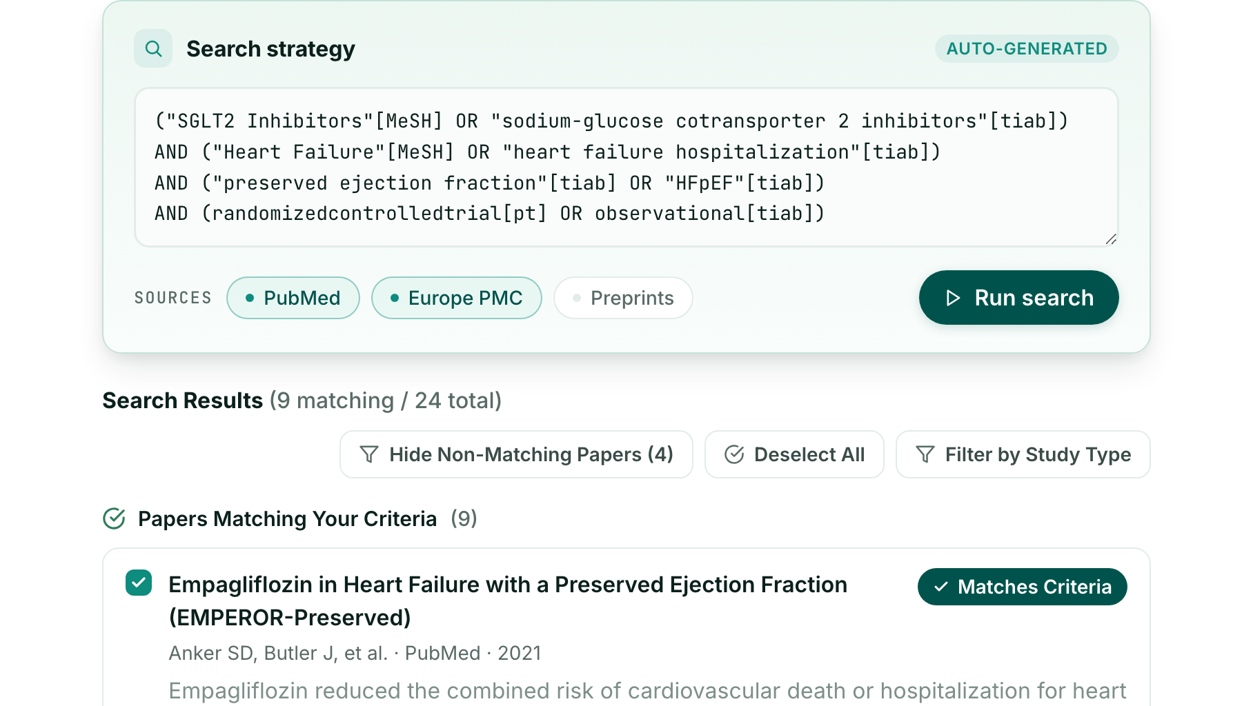 Roadrunner AI — Gather step: an auto-generated, reproducible database query with ranked search results.